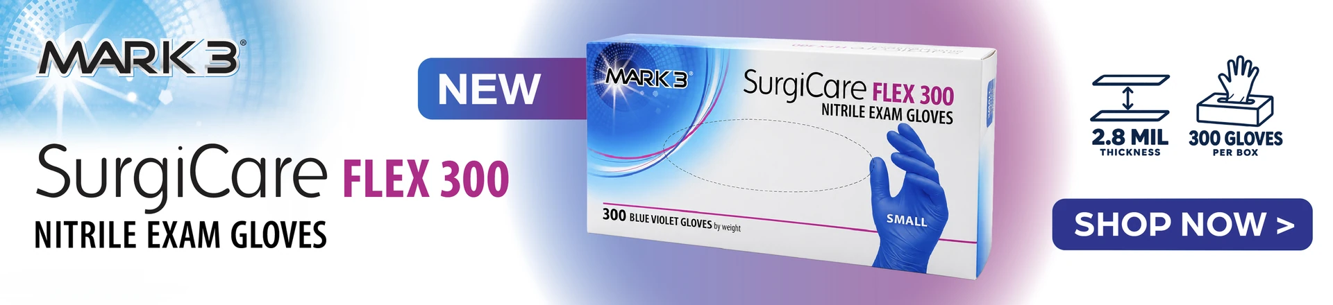 MARK3 SurgiCare Flex 300 nitrile exam gloves, 300 gloves per box